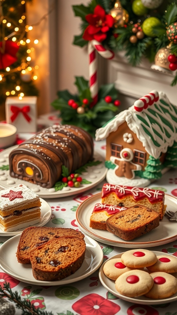 Classic Christmas Dessert Recipes A variety of classic Christmas desserts including yule log, gingerbread house, fruitcake, and sugar cookies on a festive table.
